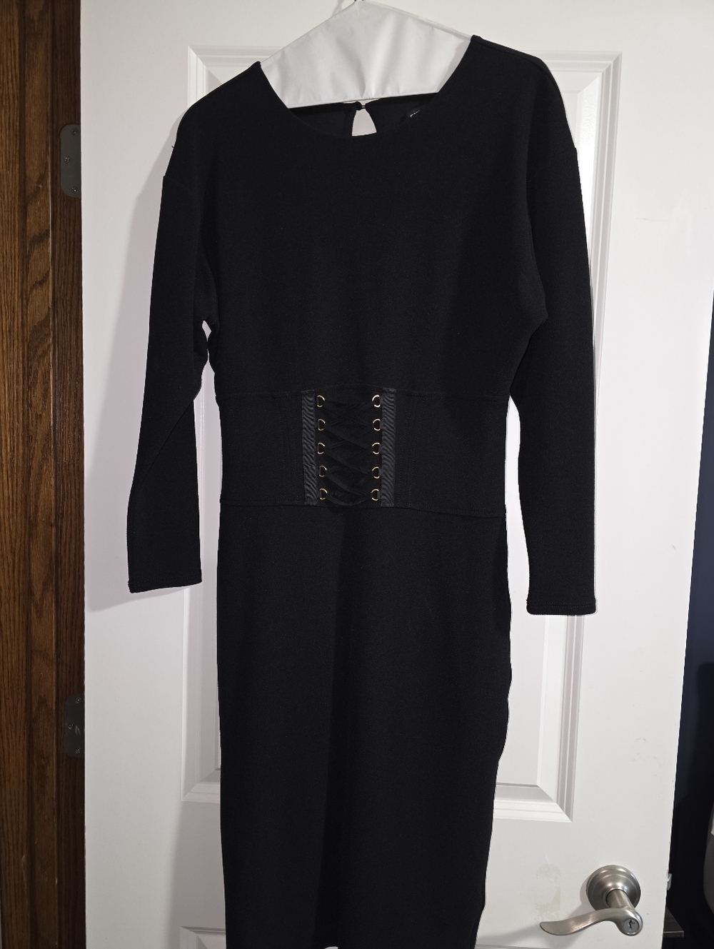 Express Black Long Sleeve Midi Dress‎ with Corset Lace-Up Waist